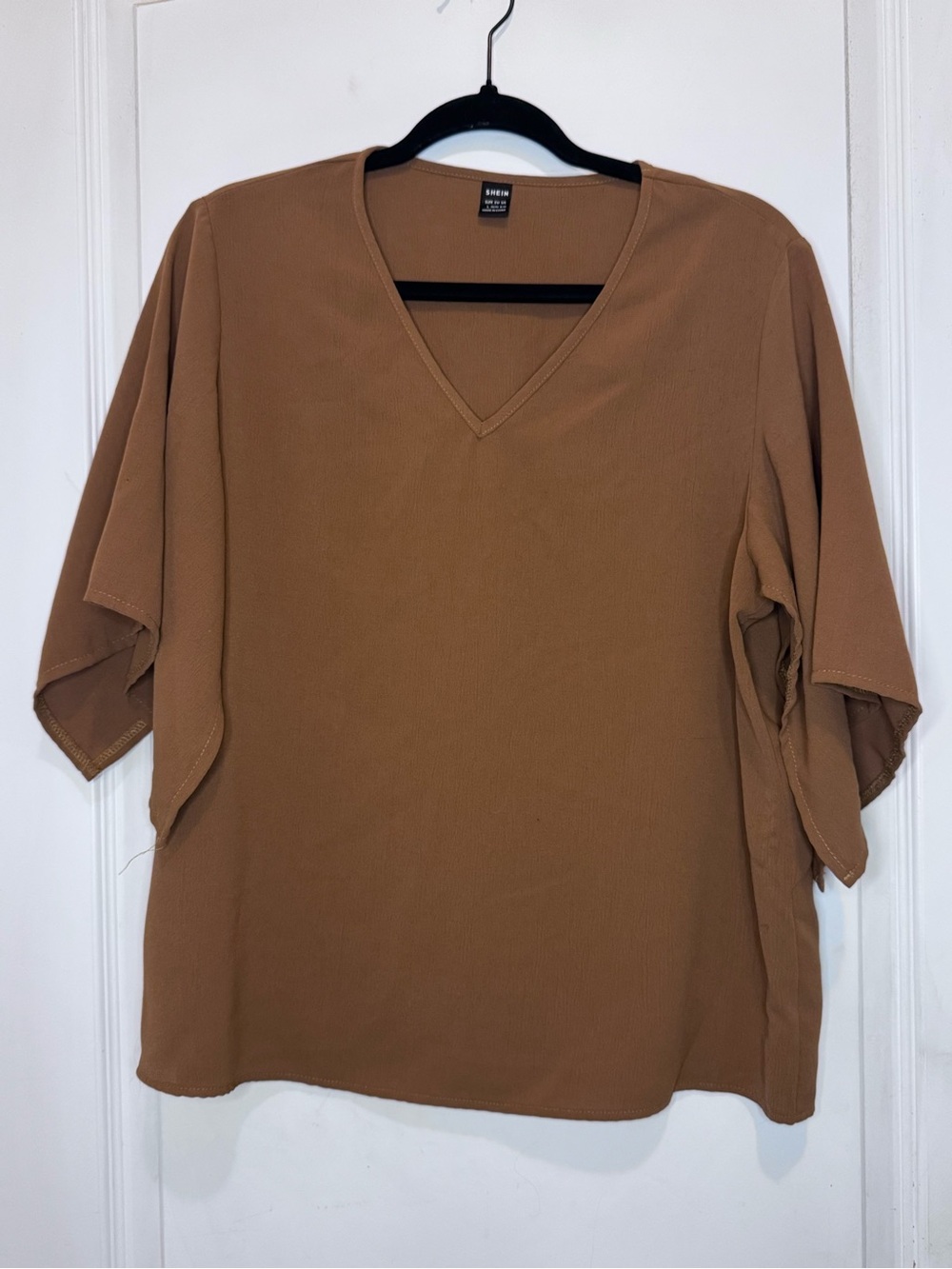 SHEIN V-Neck Short Sleeve Blouse - Brown